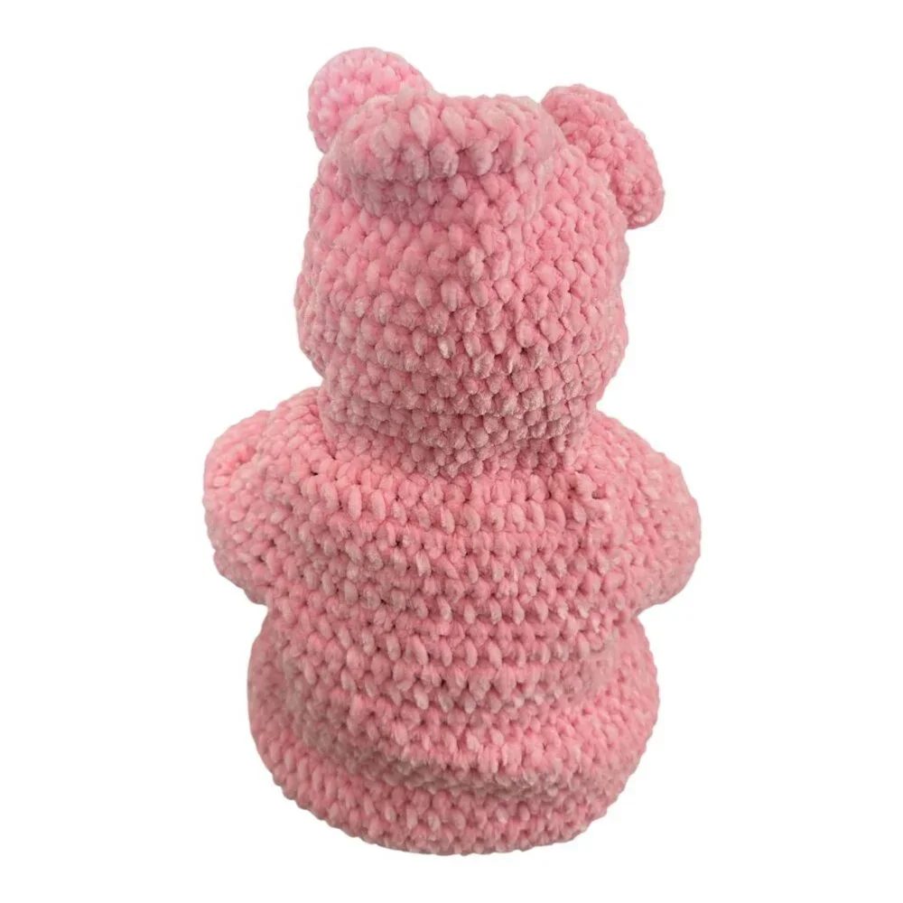 Handmade Pink Chenille Newborn Baby Hoodie & Booties Set Bear Ears Soft Plush - Picture 8 of 16